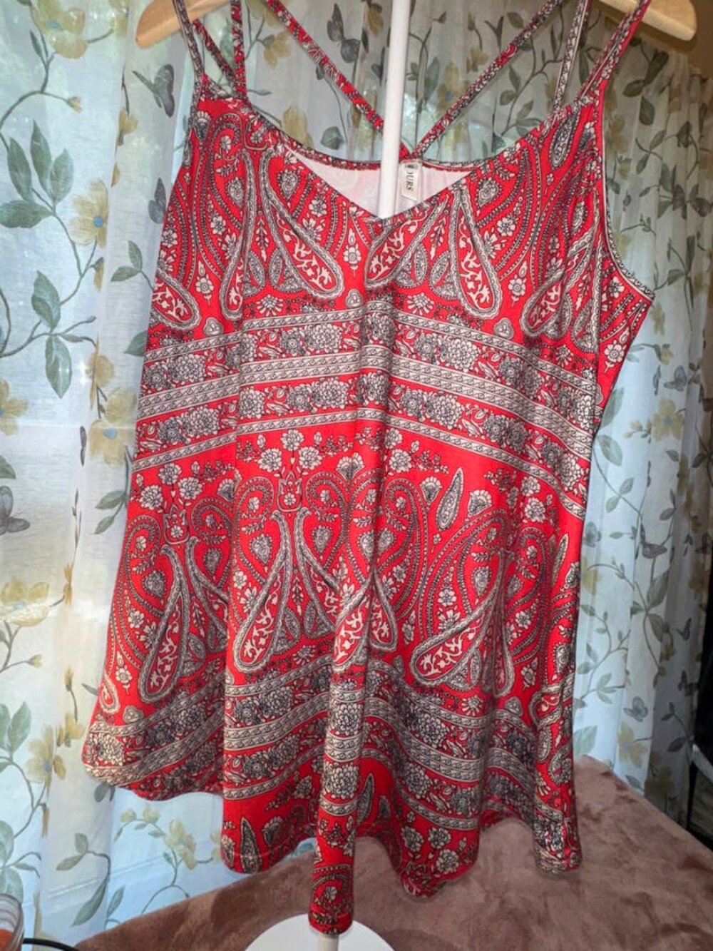 Boho Red Paisley Criss Cross Cami Tank Top XL Flowy Festival